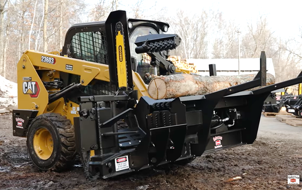 A Halverson HWP-160 firewood processing attachment carries a log.