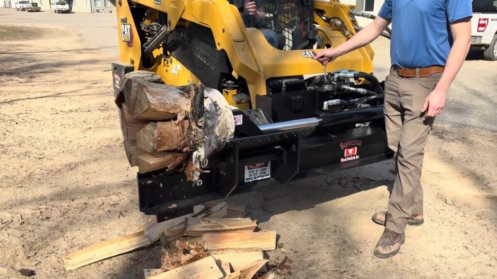 A man stands near the HWP-135 as it splits a log.