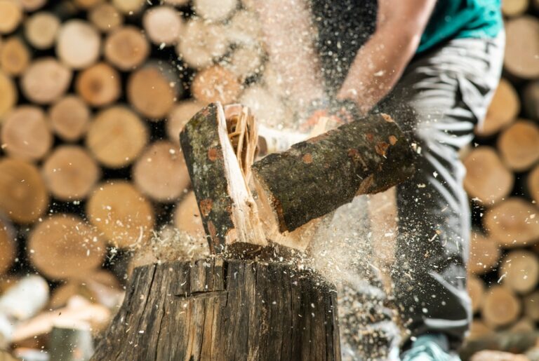 Chopping wood with an axe